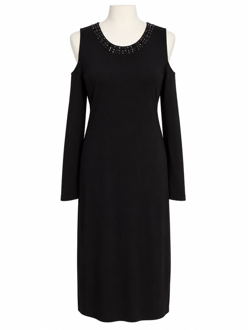 Black Cold-Shoulder Beaded Neck Midi Dress